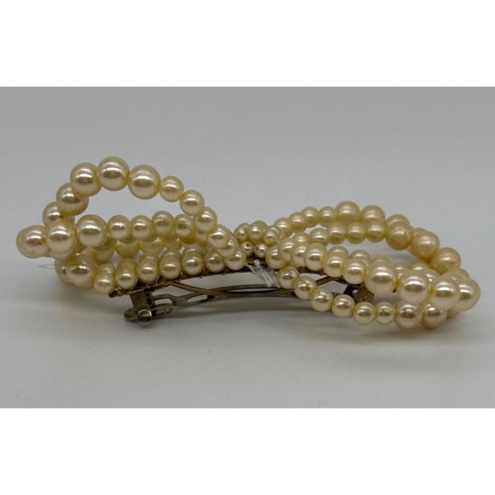Vintage 90s Faux Pearl Bow Hair Barrette Cream Multi Strand French Clip 4.5 Inch